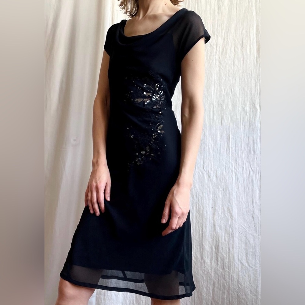 🎉VTG Black Sequin Embroidered Cowl Neck Slip Dress Y2K Cocktail Whimsy Goth XS
